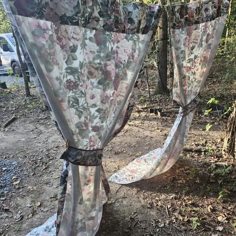 Vintage Rose Curtains Pink Red Floral Cottagecore Drapes Lined Panels Tiebacks